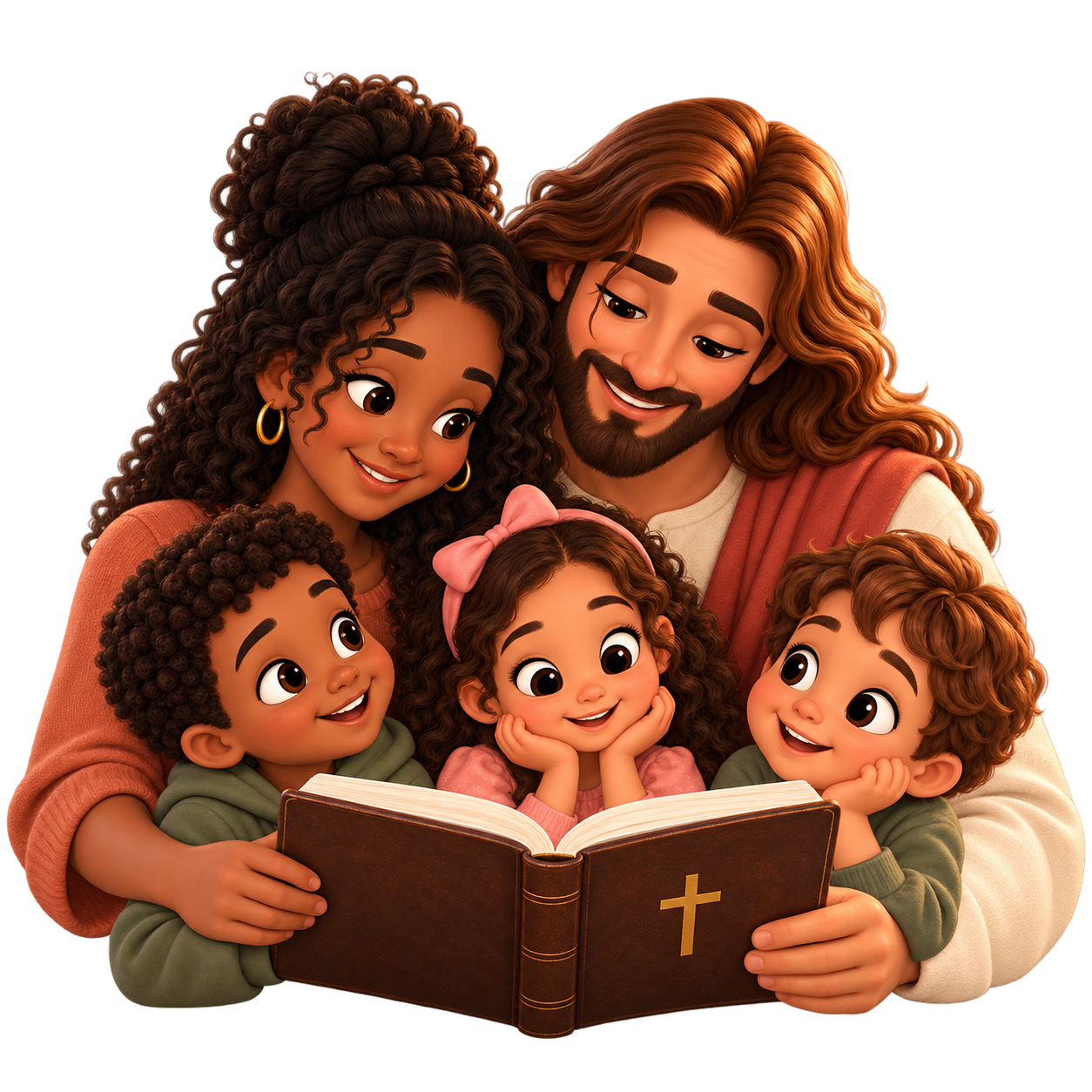 Família reunida lendo a Bíblia junto de Jesus