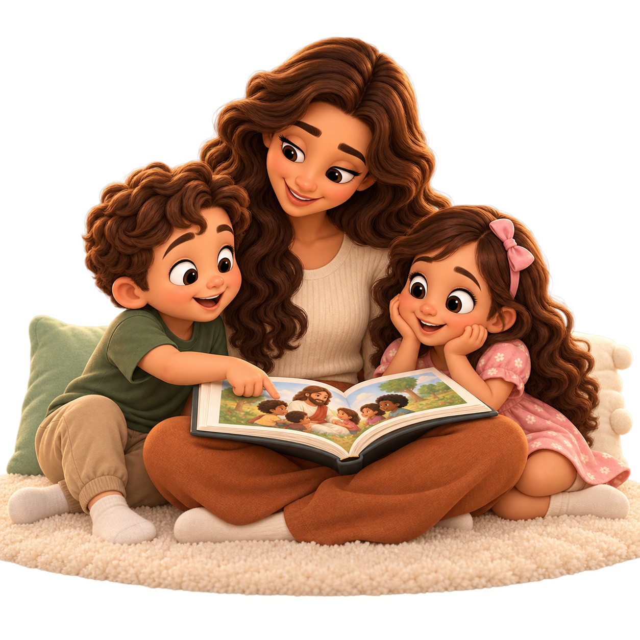 Mãe lendo a Bíblia com os filhos