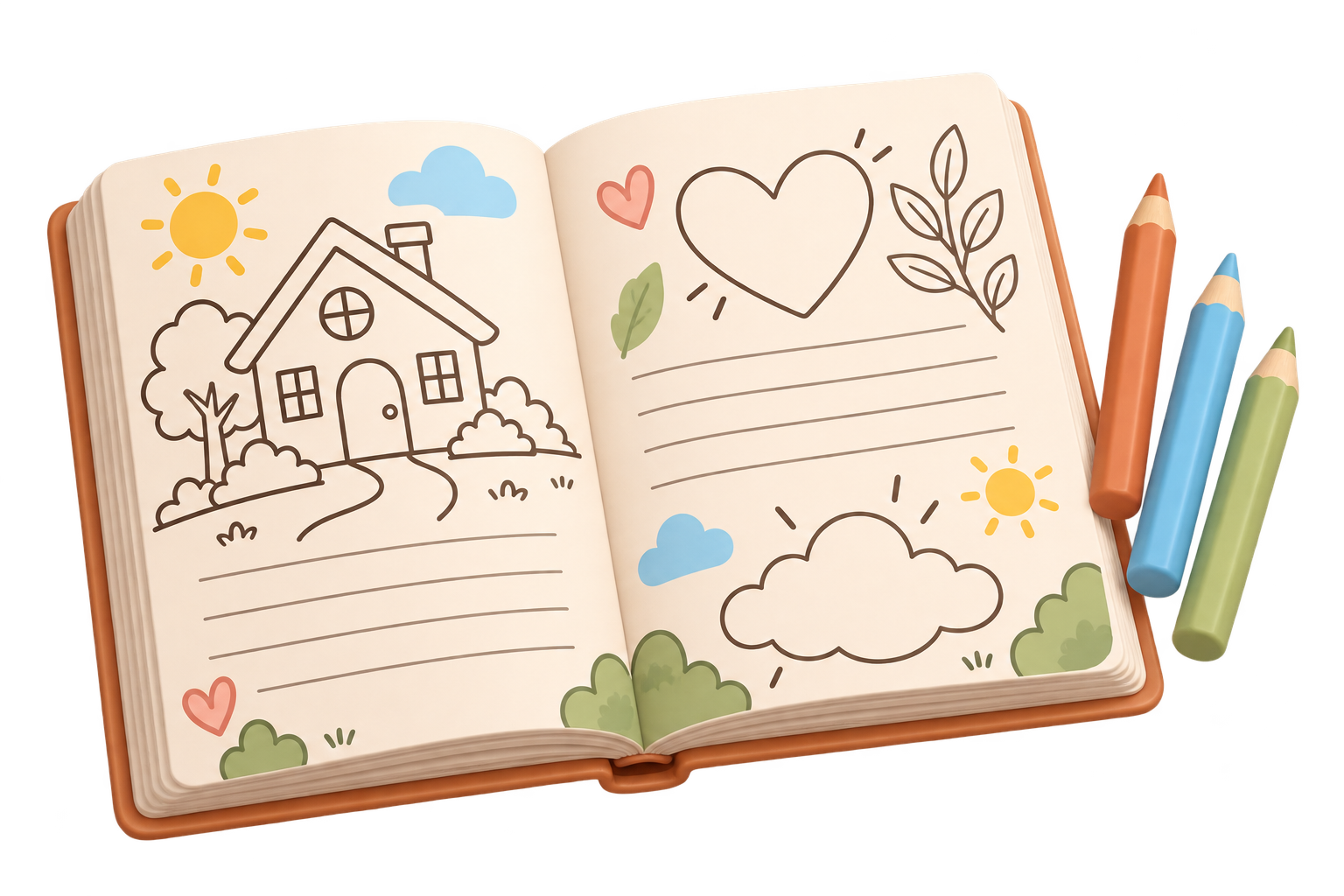 Caderno de Atividades aberto com lápis de cor