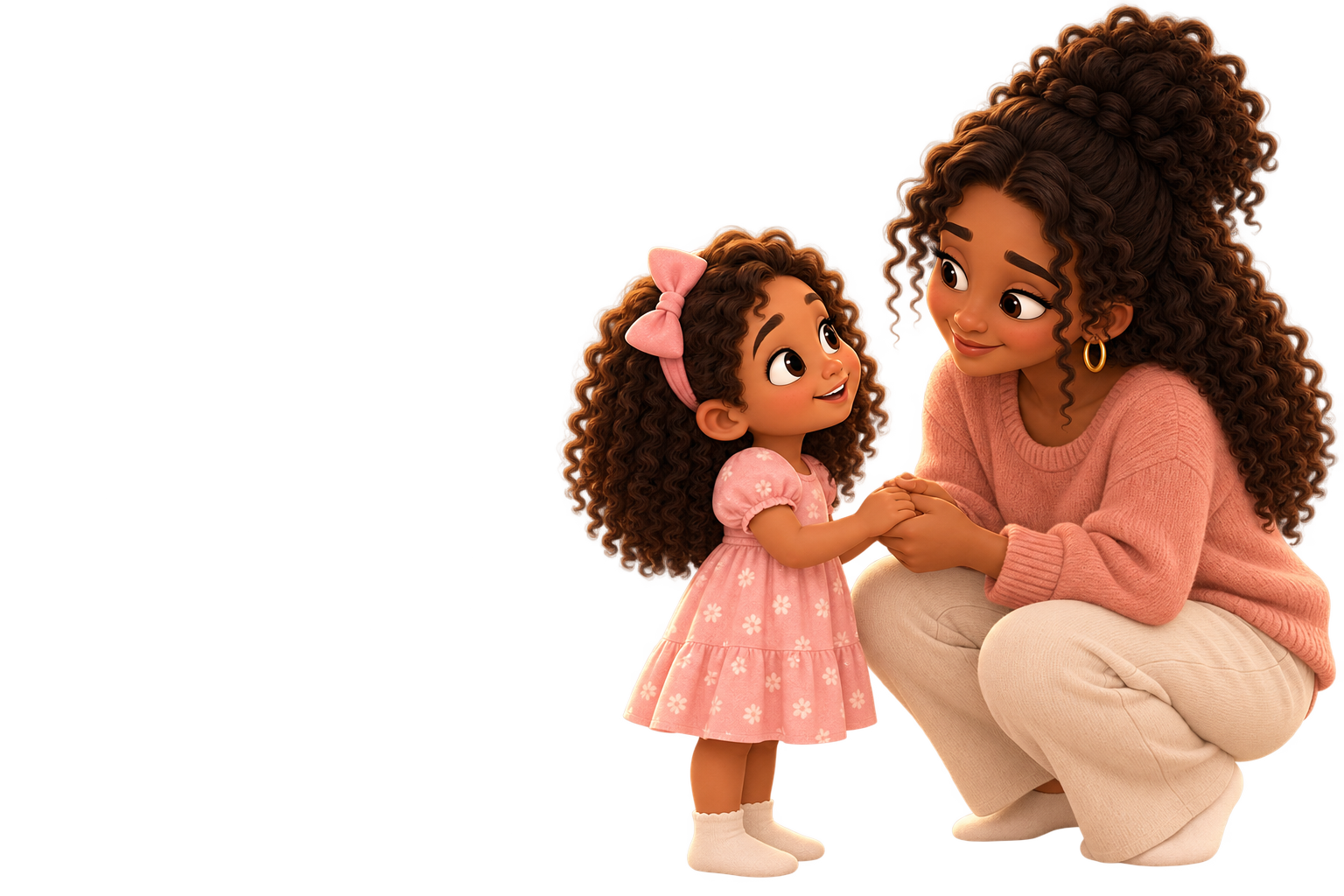 Mãe agachada conversando com a filha