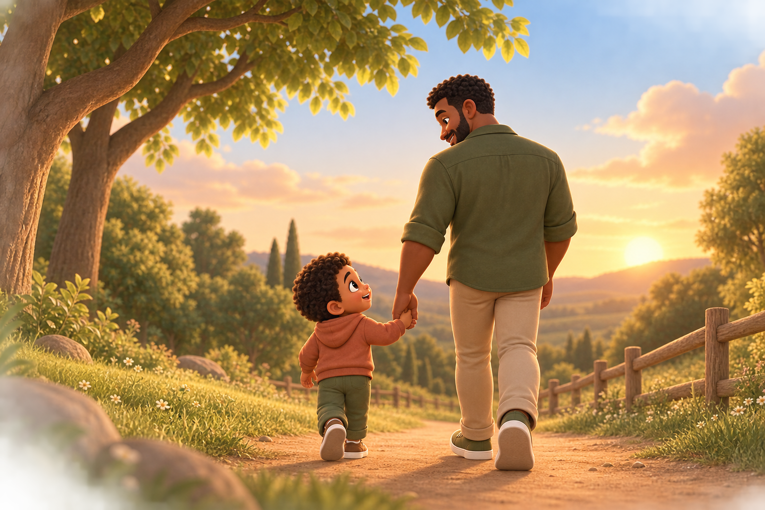 Pai e filho caminhando de mãos dadas ao pôr do sol