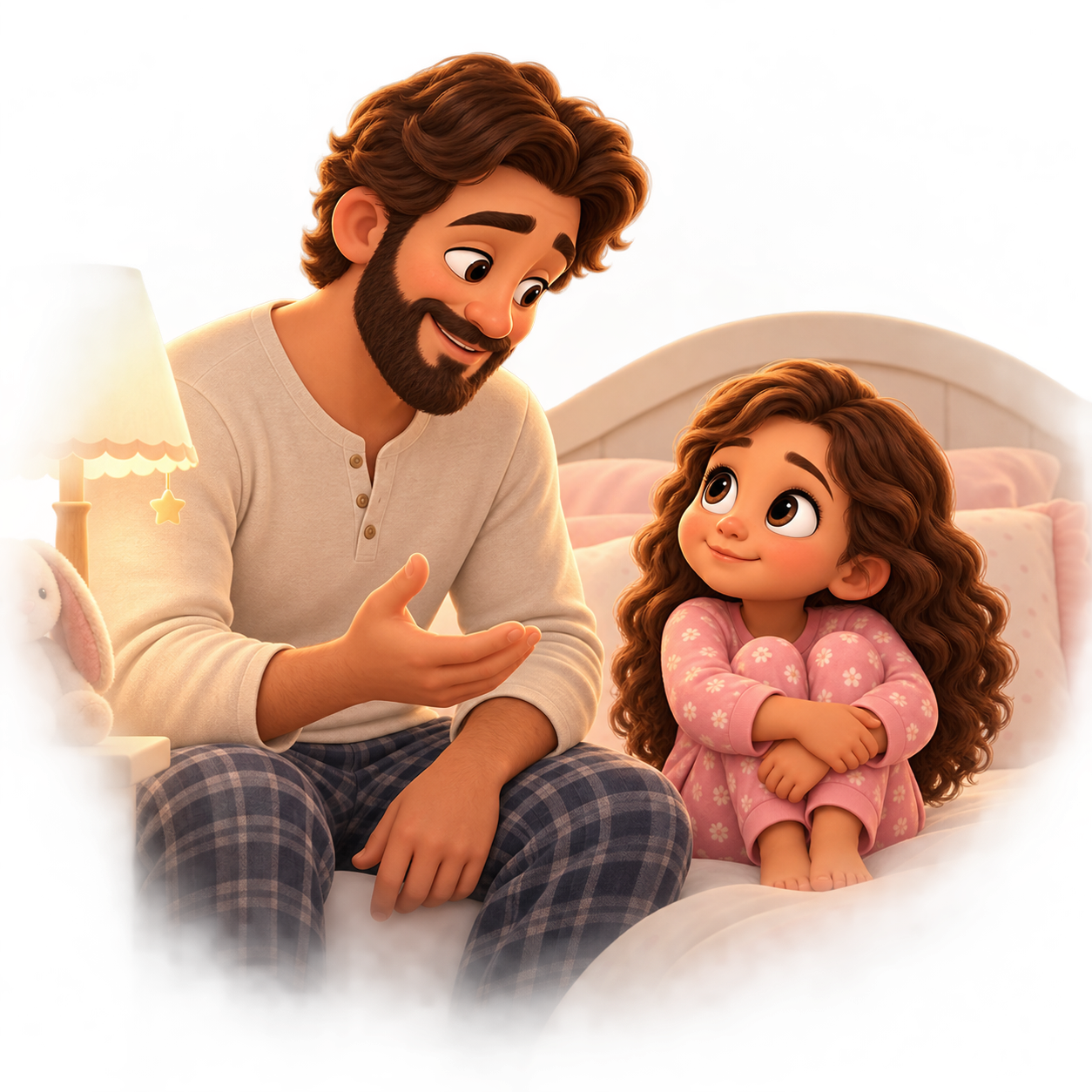 Pai conversando com a filha na hora de dormir